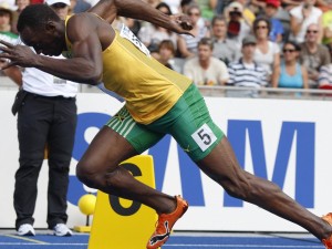 Bolt of Jamaica starts in the men's 200 metres heats during the world athletics championships at the Olympic stadium in Berlin